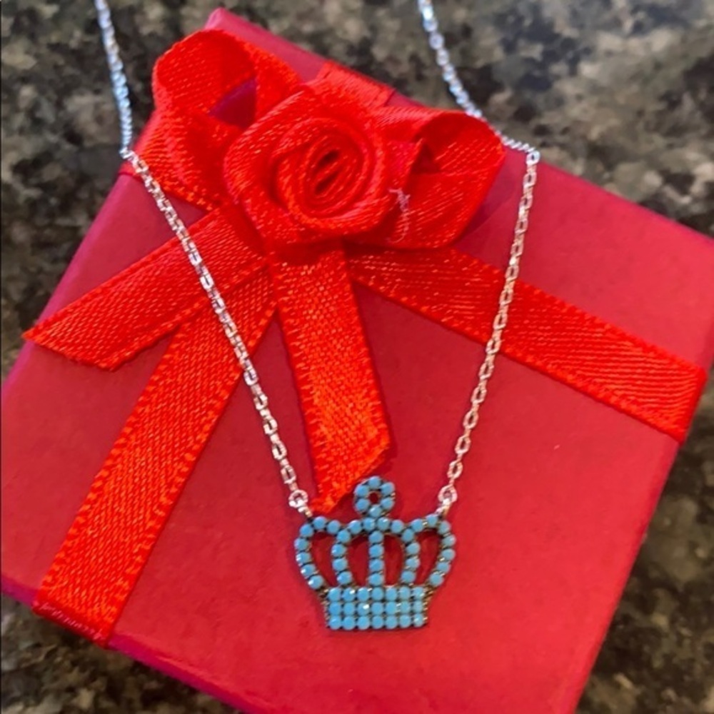 👑 Sterling Silver Crown Blue CZ Necklace